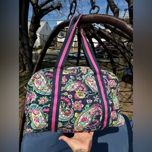 Vera Bradley Navy Floral Paisley Quilted Duffel with Pink Straps